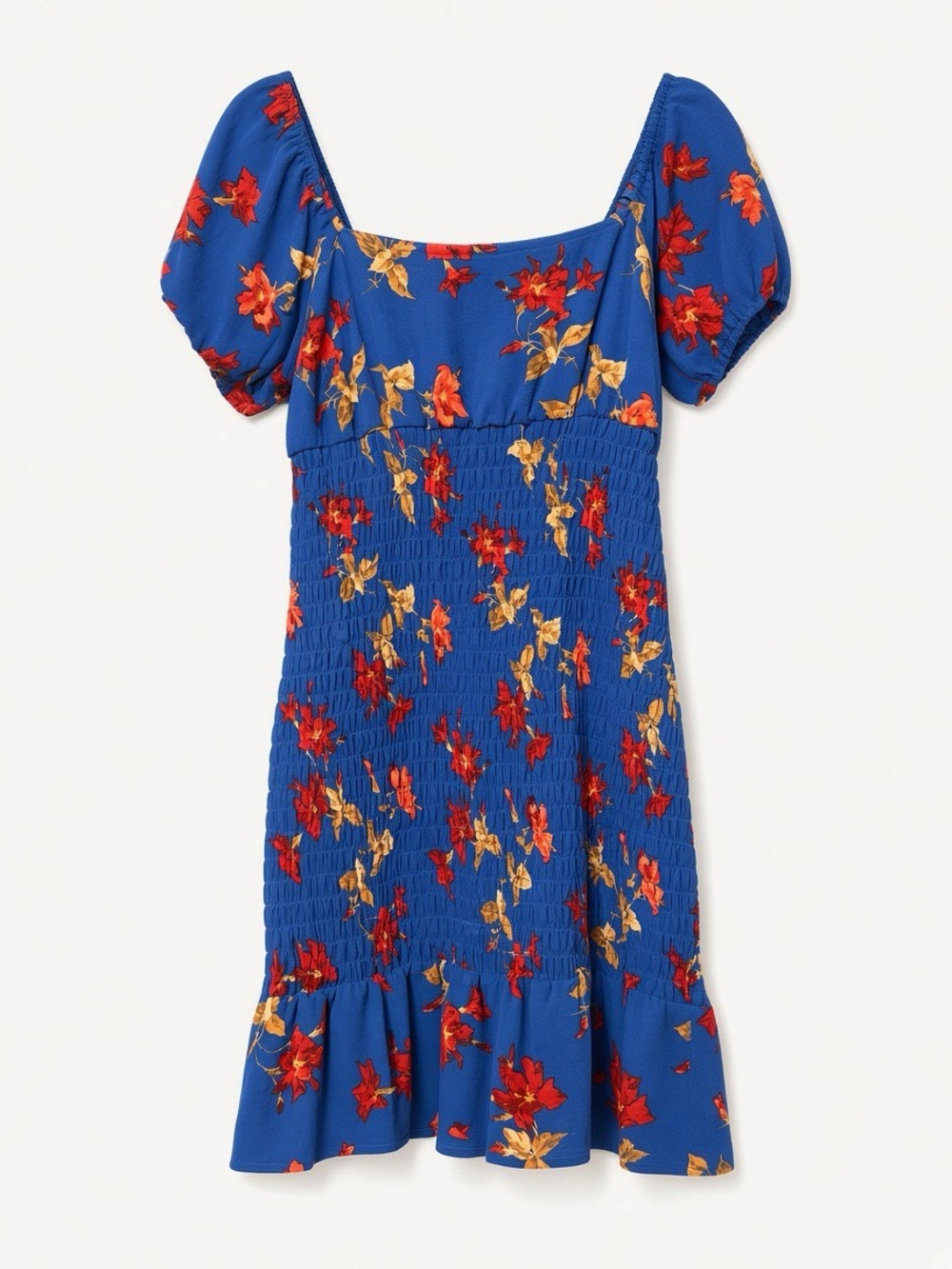 Leith Blue Floral Square-Neck Puff Sleeve Midi Dress